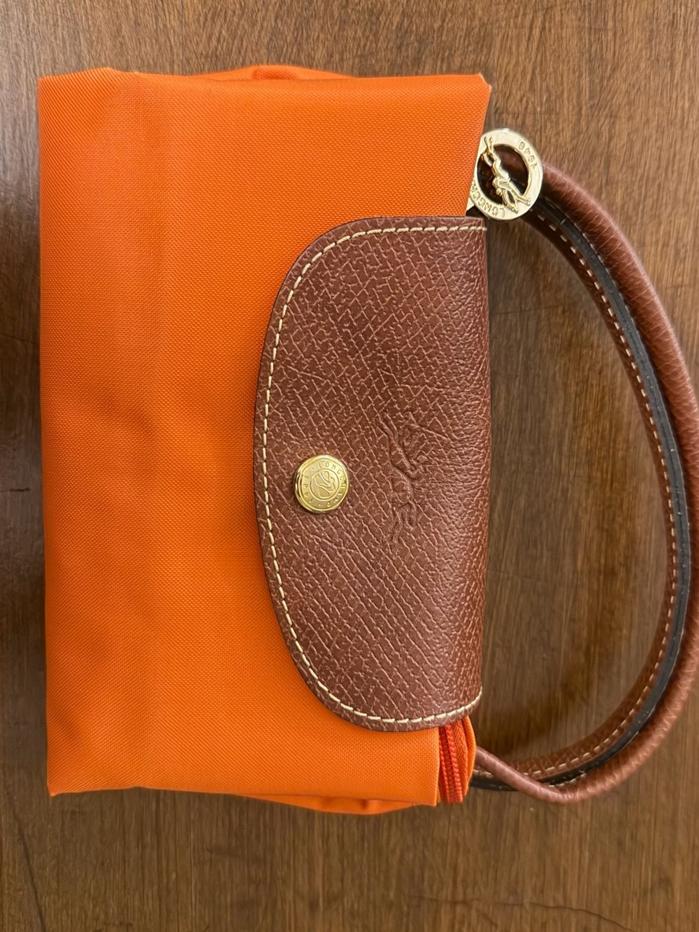 Longchamp Orange Nylon Wristlet with Brown Leather Flap